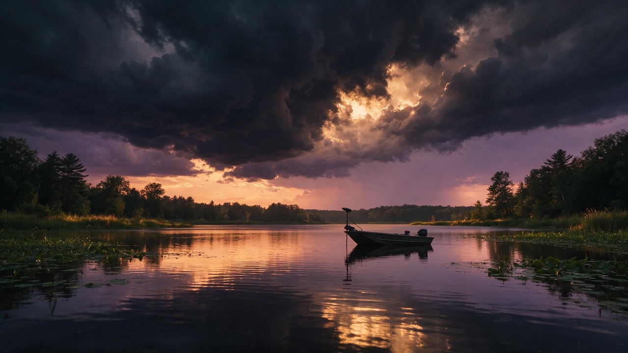 Storm front rolling over a calm bass lake at dusk