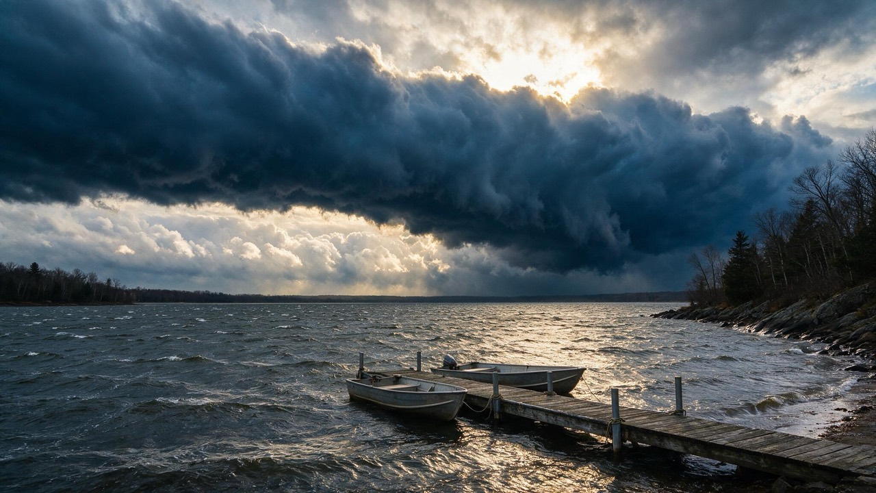 A sharp cold front line advancing over a wind-chopped reservoir