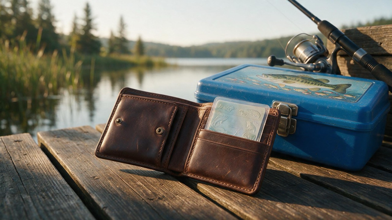 Fishing license and wallet on a dock table beside a tackle box