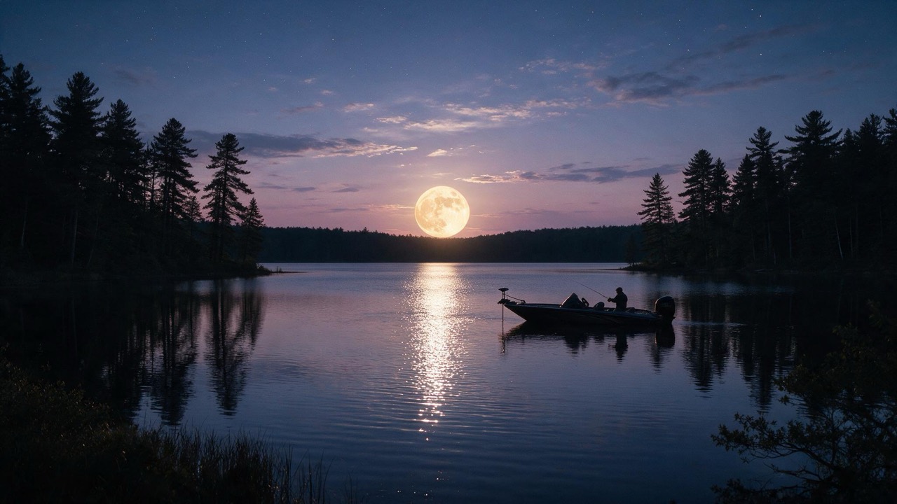 Full moon rising over a calm lake with an angler casting from a boat