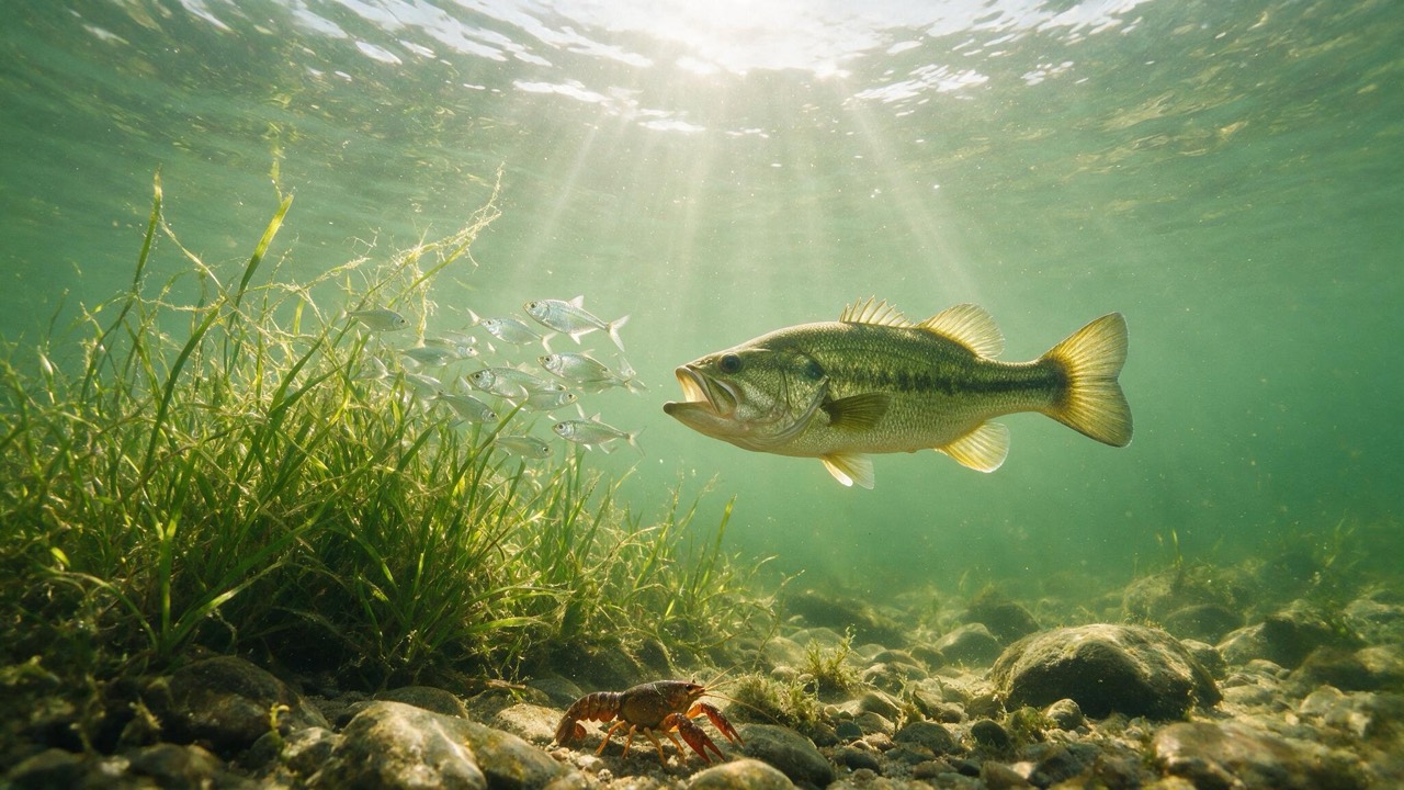 Largemouth bass ambushing a school of shad near a submerged grass bed